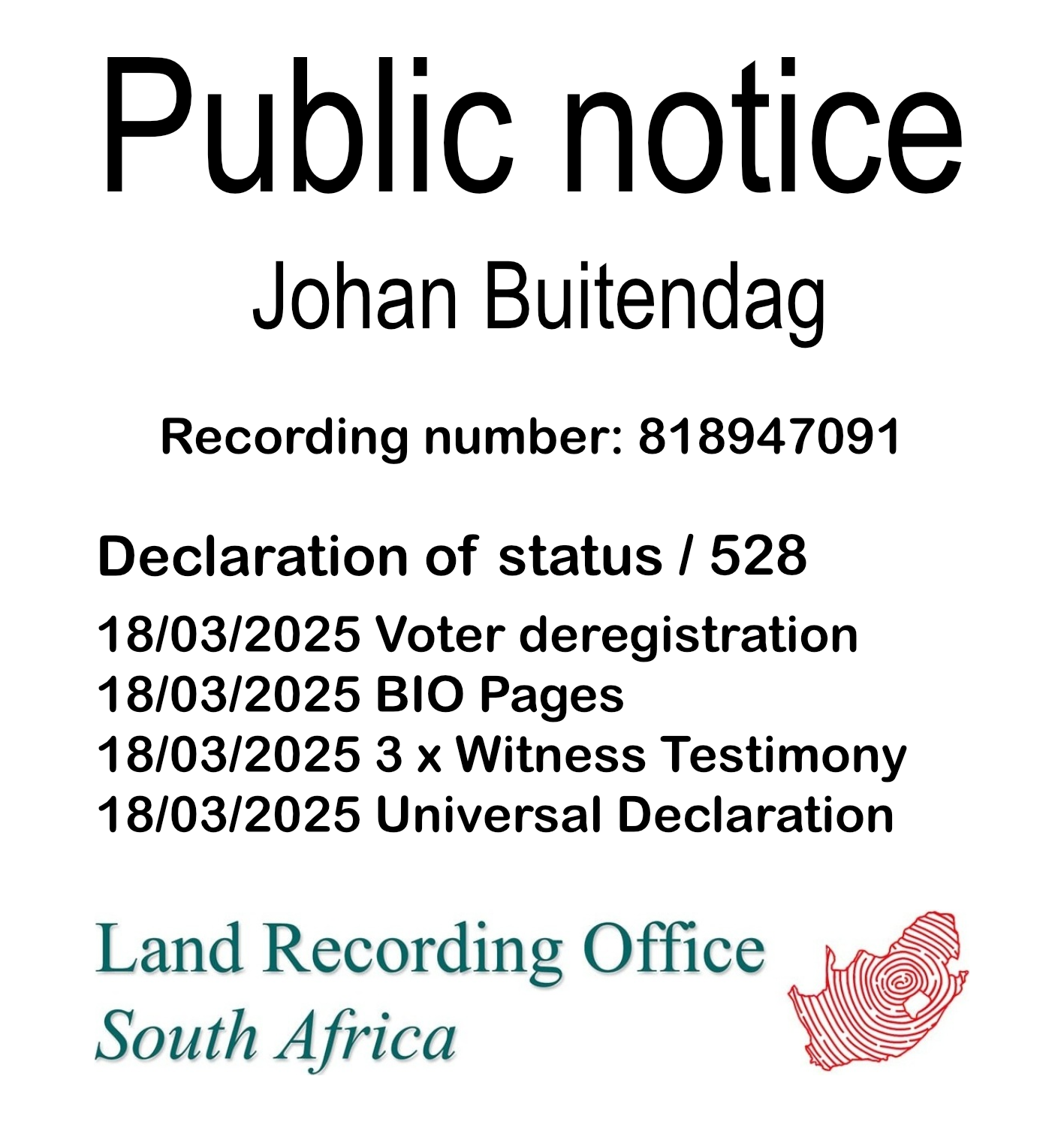 Public Notice Johan Buitendag (c)™ Recording number 818947091